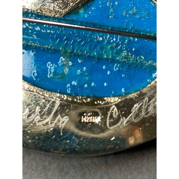 Neva Burba Blue Howlite 14K GP Brooch Vintage 80s Modernist - Picture 4 of 6